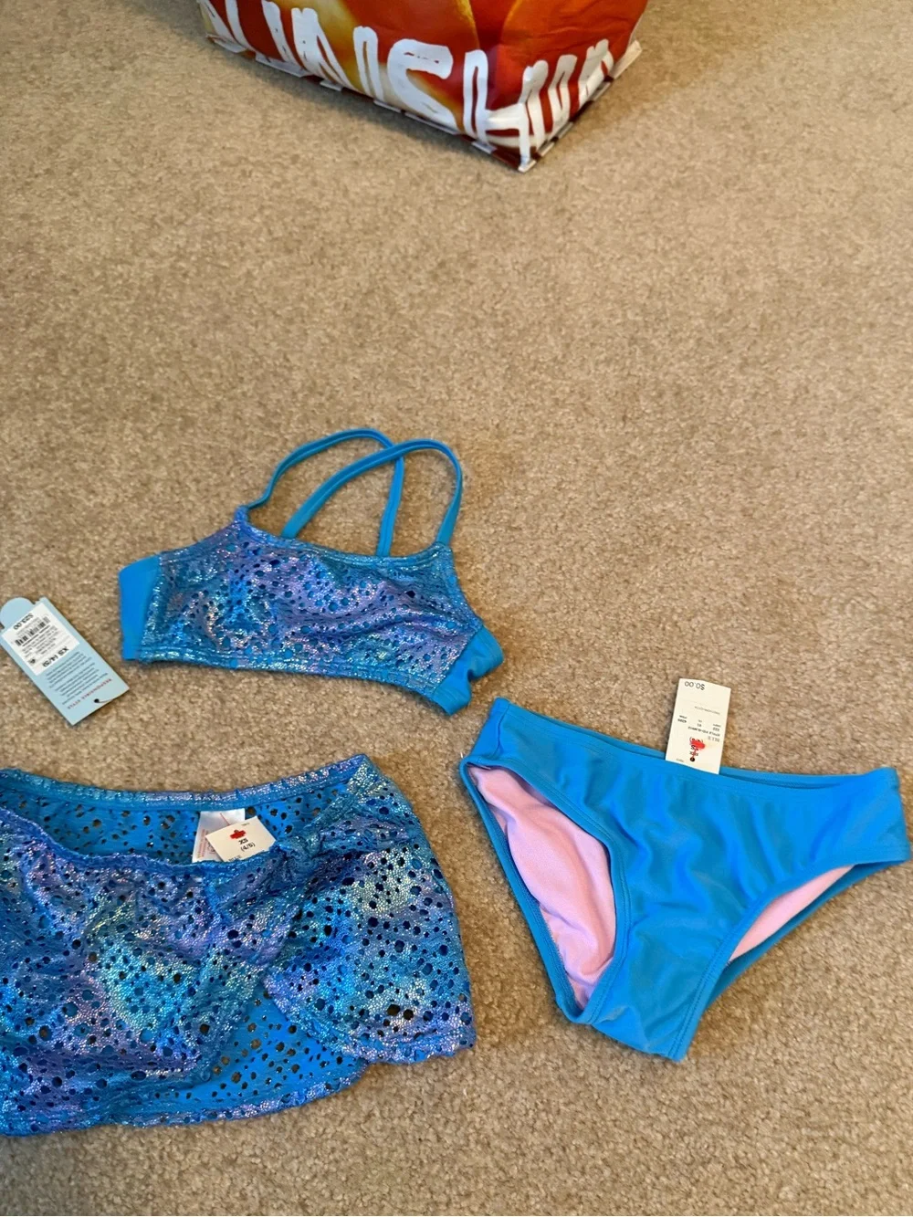 NWT Toddler Girl’s Cat & Jack Blue Polka Dots Bikini Set 3pc with swim skirt